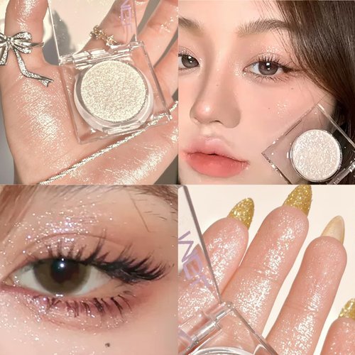 Okerker Shimmer Glitter Eyeshadow Palette, Korean Eye Glitter Makeup, Ultra-Blendable, Sparkle Silver Champagne Gold Eye Shadow, Single Shade Metallic Pigmented Color