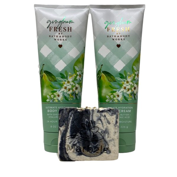 Bath & Body Works Gingham Fresh 2 pack Ultimate Hydration Body Cream with a Charcoal Scrub Bar Soap.