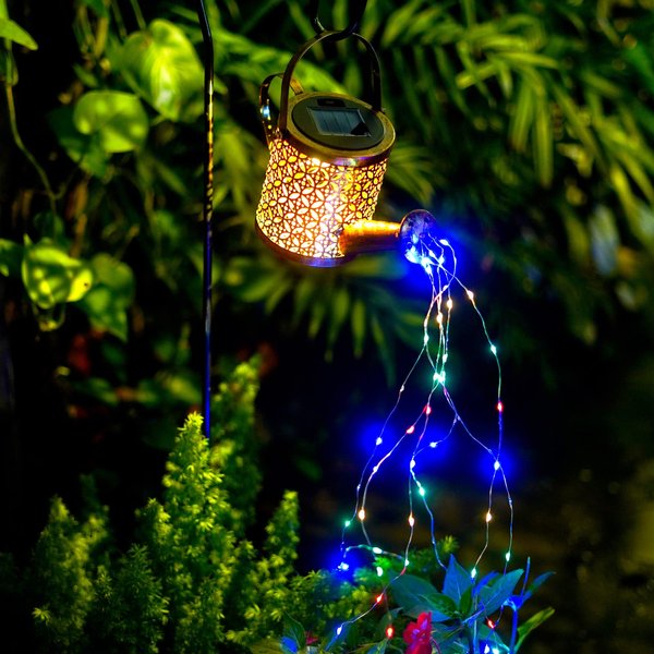 Solar Watering Can with Cascading Lights, Water Can Solar Lights Garden Decorative, Solar Waterfall Lights Outdoor Waterproof, Hanging Solar Lantern, Solar Yard Decor, Metal Solar Powered Kettle