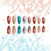 24Pcs Summer Sun Press on Nails French Tips Manicure Art Medium Almond Acrylic False Nails Stick on Nails with Waves Design, Glossy Colorful Curve Line Fake Nails Gel Glue on Nails for Women Girls