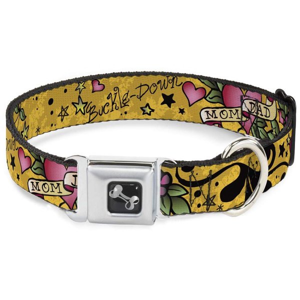 Dog Collar Seatbelt Buckle Mom Dad Yellow 9 to 15 Inches 1.0 Inch Wide