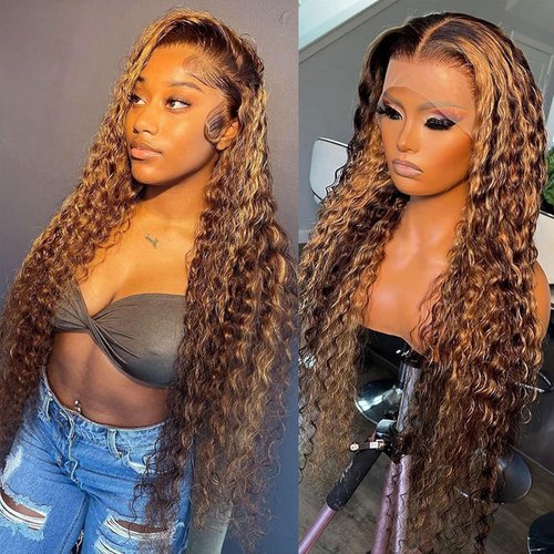 aliluner 28 inch Highlight Lace Front Wigs Human Hair 200% Density Deep Wave Ombre Honey Blonde 4/27 13x6 HD Transparent Lace Front Wigs Human Hair For Women Curly Lace Frontal Wigs