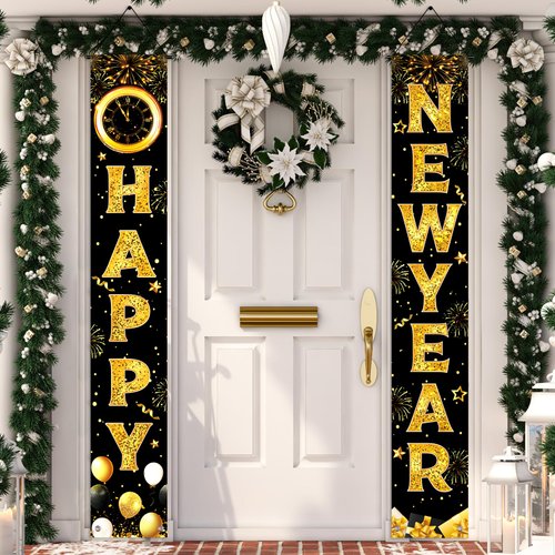 Happy New Year Door Banner 2025, Black Gold New Year Front Porch Hang Door Banners SIgn for Home Yard Wall New Years Eve Party Supplies 2025, 71x12 Inch