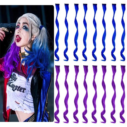 SOYZMYX 16 Pcs Curly Colored Hair Extensions Party Highlights, Multi-Colors Wavy Hairpiece Clip in Synthetic Rainbow Streak for Kids Girls Women 17 inch(Sapphire Blue+Purple)