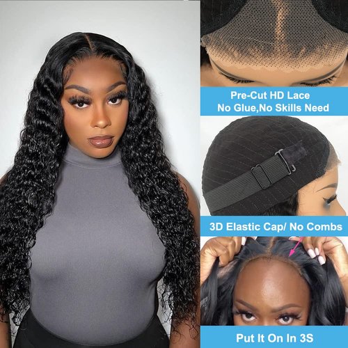 24 Inch Wear & Go Glueless 4x1 T Part Preplucked Lace Front Wigs Human Hair Water Wave Glueless Wigs Pre-cut HD Lace Closure Wet and Wavy Human Hair Wigs for Black Women and beginners 100% Human Hair