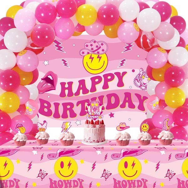 Crenics Preppy Birthday Decorations - Hot Pink Preppy Birthday Banner, Tablecloth, Balloons Arch Garland with Cake Toppers for Girls Preppy Birthday Party Supplies