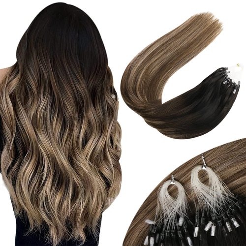 Sunny Micro Hair Extensions Human Hair Black Micro Bead Hair Extensions Human Hair Black Balayage Dark Brown Ombre Medium Ash Blonde Micro Human Hair Extensions Micro Ring Hair Extensions 18inch 50g