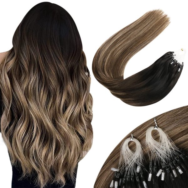 Sunny Micro Hair Extensions Human Hair Black Micro Bead Hair Extensions Human Hair Black Balayage Dark Brown Ombre Medium Ash Blonde Micro Human Hair Extensions Micro Ring Hair Extensions 18inch 50g