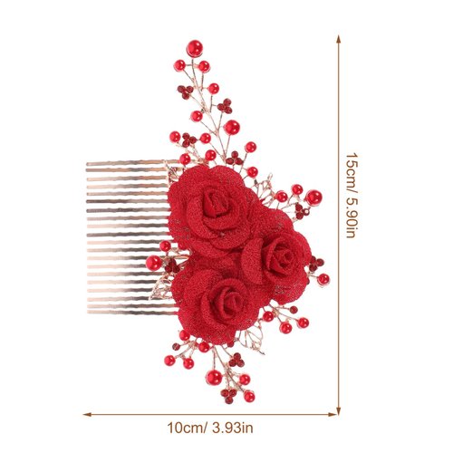 LALAFINA Red Flower Hair Comb Crystal Bridal Hair Comb Wedding Hair Comb Rhinestone Hair Piece Floral Rhinestone Hair Comb for Women Bride (Red)