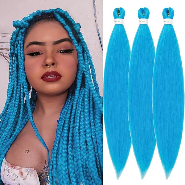 Pre Stretched Braiding Hair 32inch 3 Packs Blue Braiding hair Extensions Synthetic Crochet Braids, Hot Water Setting Professional Soft Yaki Texture. (32inch(3Packs),Blue#)
