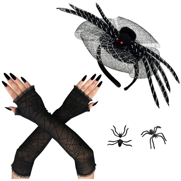 Halloween Spider Headband Spider Earrings Lace Spider Web Gloves Women Black Widow Hair Bands Ear Studs Headpiece Hairband Hair Hoops Holiday Carnival Party Decoration Cosplay Costume Hair Accessory