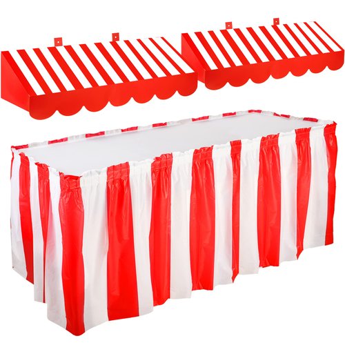 Tallew 3D Circus Awning Wall Decorations and Stripe Table Skirts Cardboard Awning Tent Decors for Doors Window Classroom Concession Room Carnival Circus Party Decorations(Red White, 3 Pieces)
