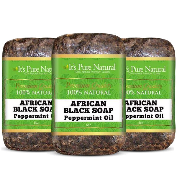 It's Pure Natural African Black Soap Bars with Peppermint Oil (Pack of 3) Organic Raw Soap for Face & Body, Acne Treatment & Dark Spot Remover [Made in Ghana]