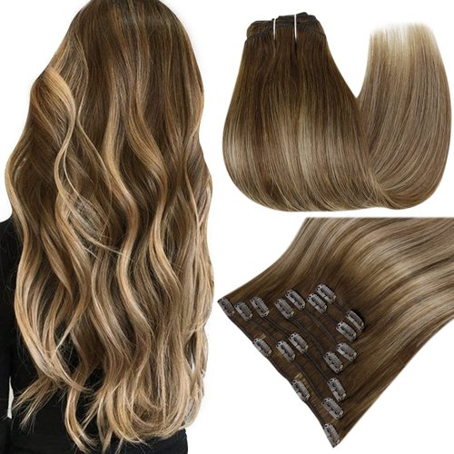 Easyouth Clip in Hair Extensions Real Human Hair Clip in Extensions Balayage Brown To Caramel Blonde Mix Brown Hair Extensions Real Human Hair Clip ins Double Weft 14Inch 7Pcs 70g