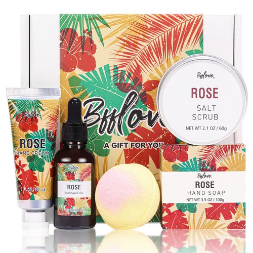 Spa Gifts for Women, Gift Set, Self Care Kit, Birthday Gifts, 5pc Rose Bath Sets Include Massage Oil, Bath Bomb, Salt Scrub, Soap, Hand Cream, Mothers Day Gifts for Mom
