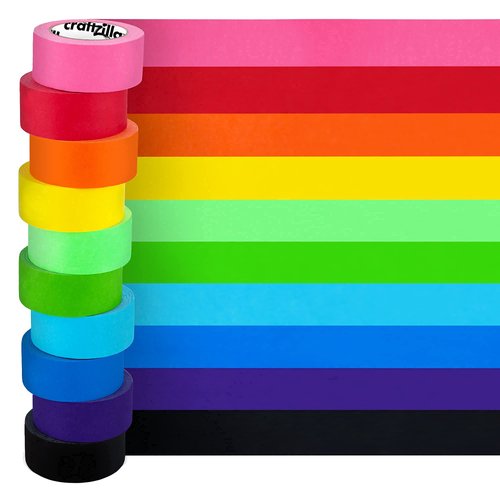 Craftzilla Colored Masking Tape – 10 Roll Multi Pack – 10 Yards x 1 Inch Each Colorful Craft Tape – Vibrant Rainbow Colored Painters Tape – Great for Arts & Crafts, Labeling and Color-Coding