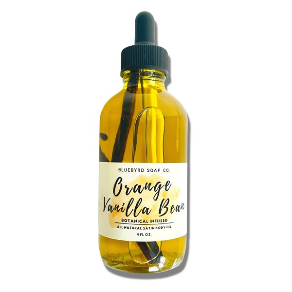 Bluebyrd Soap Co. Orange Vanilla Body Oil | Non-Greasy & Fast Absorbing | Anti-Aging, Hydrates Dry Skin | Lightweight Oil for Feet, Hair, Cuticles | Organic Shea, Jojoba, Coconut Oil, 4oz (Vanilla)