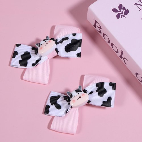 Small Pink Cow Print Hair Bow Clips for Baby Girls,Cute Moo Cow Grosgrain Ribbon Bow Alligator Barrettes Pins,Toddler Infant Children Kids Teens Animal Birthday Party Decor Accessories Gift