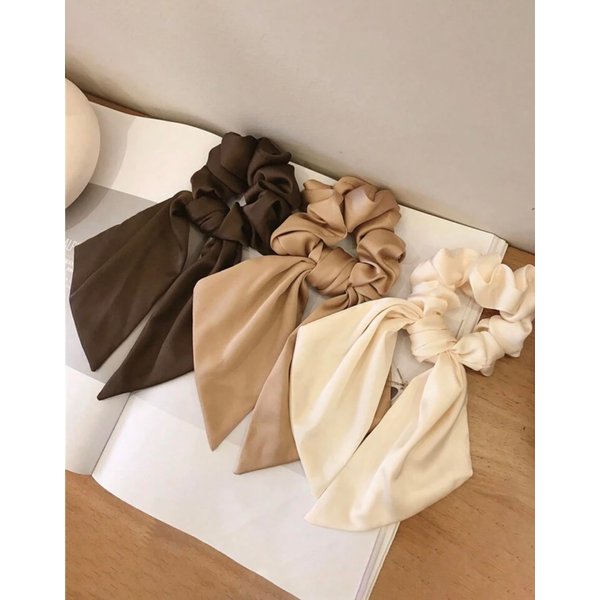 Generic 3 Pcs Hair Scarf Scruncheis for Women Knotted Bow Hair Ties Elastic Bands Satin Hair Ribbon Scrunchy Red Ponytail Holder for Women and Girls (Camel Apricot Ivory)
