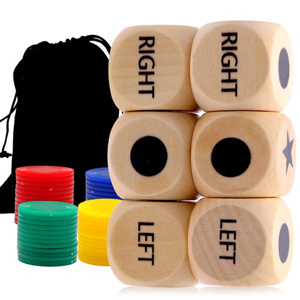 55 Pcs Left Right Center Dice Game Set，Include 6 1-inch Wooden Dices and 48 Pcs Chips, with Drawstring Bag, Easy to Store and Carry Around, Convenient for Travel