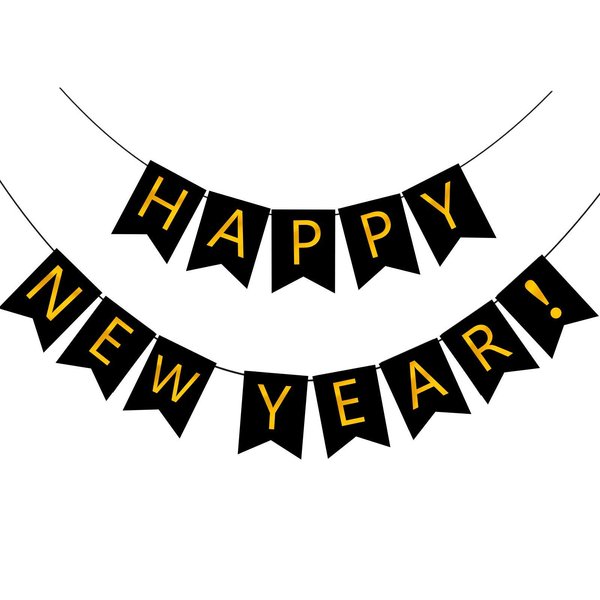 FECEDY Happy New Year Banner Black Bunting with Gold Alphabet for New Year Party Supplier Eve Party Decorations