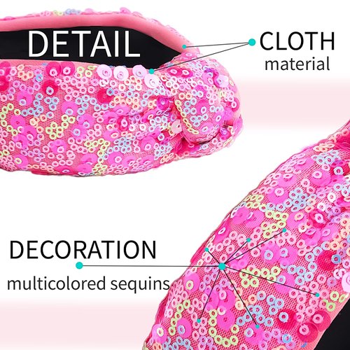 Sequin Knot Headband for Girls, Wide Hair Bands Sparkly Headband Elastic Cute Pink Headwear Hairbands Back to School Head Boppers Party Supplies for Kids Hair Hoop 1PCS
