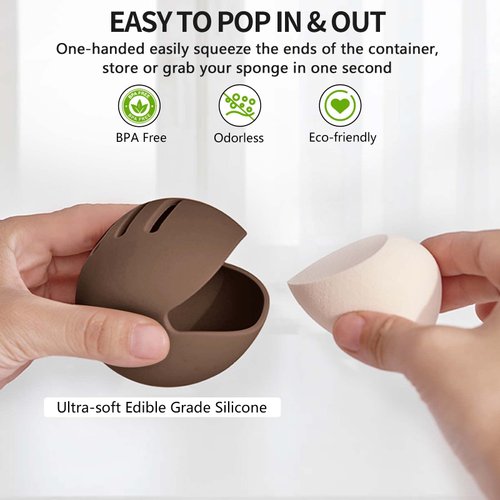 Fauxomor 2 Pcs Makeup Sponge Holder,Breathable Silicone Beauty Blender Holder for All Sponges,Ultra-soft Make up Blender Travel Case Quick Drying,Khaki+Coffee