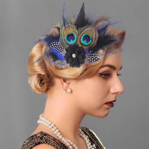 Yokawe 20s Feather Hair Clip Elegant Black Peacock Feather Hair Clips with Flowers Gatsby Party Head Accessories for Women