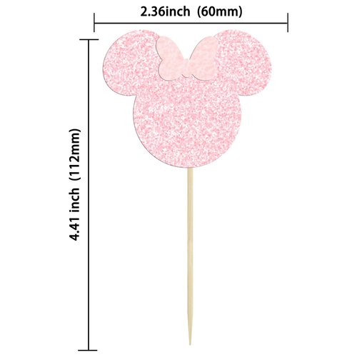 Gyufise 36 Pack Mouse Inspired Cupcake Toppers with Pink Bow Pink Glitter Mini Cupcake Picks Decorations for Baby Shower Wedding Kids Birthday Party Supplies