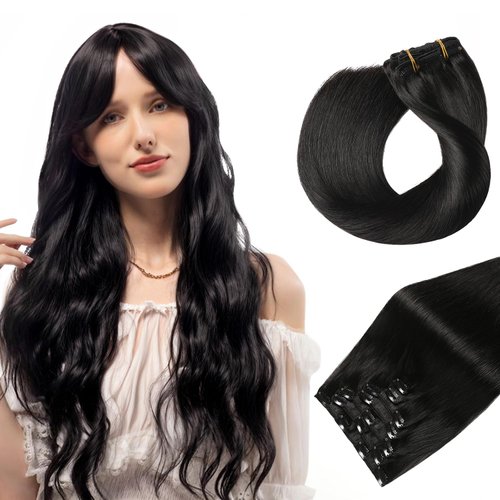 Evala Clip in Hair Extensions, 7pcs 120g Clip in Hair Extensions Real Human Hair 16 inch Clip ins #1B Natural Black Hair Extensions Clip ins Black Human Hair Extensions For Women Straight Double Weft