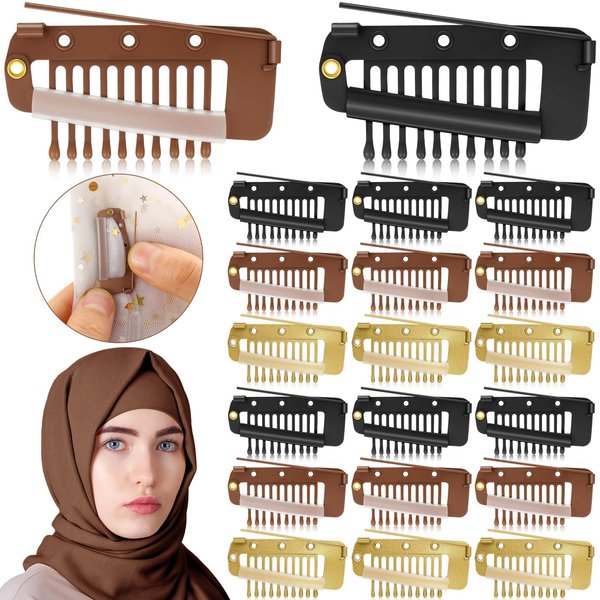Crowye 20 Pieces Chunni Clips with Safety Pins 10 Teeth Wig Clips Strong Dupatta Grip Clip Flat Dupatta Setting Clips Hair Extension Clips for Woman Hijab Veil Hair Extensions Hairpieces (Multicolor)