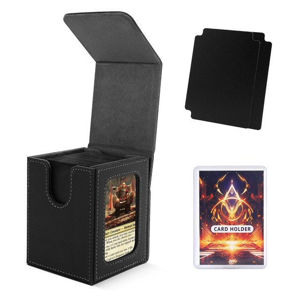 Scimi MTG Deck Box for Commander Display,Card Deck Box Fits 100 Double Sleeved Cards, Magic Commander TCG Card Leather Storage Box with 2 Dividers and 1 Toploader （Black/Grey