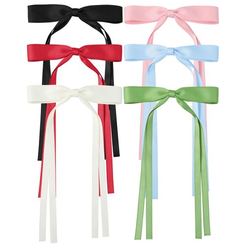 6Pcs Hair Ribbons for Women Hair Clips Tassel Ribbon Bowknot With Long Tail Solid Hair Ribbon for Girls (Black/Blue/Beige/Pink/Green/Red)