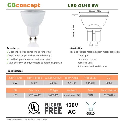 CBconcept UL-Listed GU10 LED Light Bulbs, 5-Pack, 6 Watt, 550 Lumen, Warm White 3000K, 50W Halogen Equivalent, 36°Beam Angle, 120 Volt,Not Dimmable,Recessed/Track Lighting | Designed in San Francisco