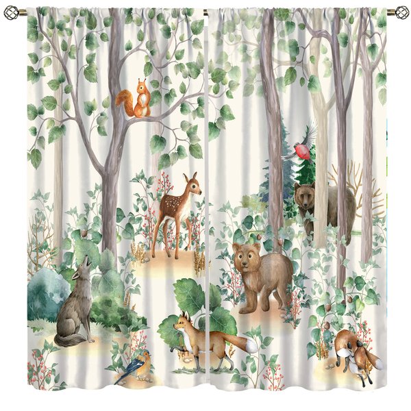 Forest Animal Kids Curtains, Wild Rustic Bear Fox Deer Children Cartoon Window Treatments for Living Room, Watercolor Blackout Drapes 2 Panel Sets,42x63 Inch