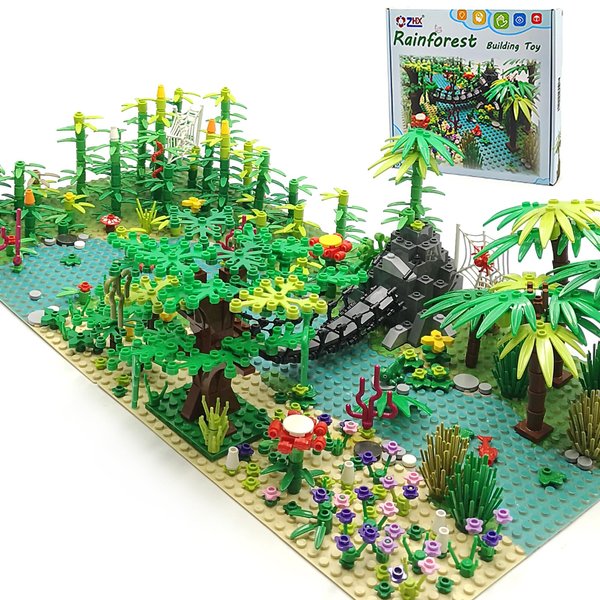 ZHX Rainforest Jungle Bridge Building Block Toys with 2pcs Baseplates(10x10 inches Each) Garden Bricks Accessories Bush Flowers Animals Coconut Trees for Classic Brick Block Toys