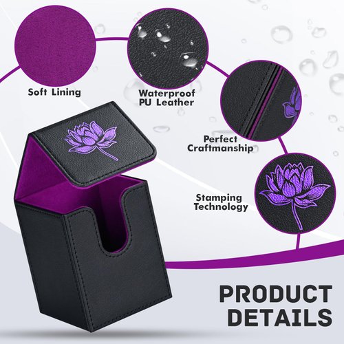 ZLCA Card Deck Box for MTG Cards with 2 Dividers, Card Storage Box Fits 100+ Single Sleeved Cards, PU Leather TCG Card Deck Case Holder for Magic Commander Yugioh (Black&Purple,Lotus)