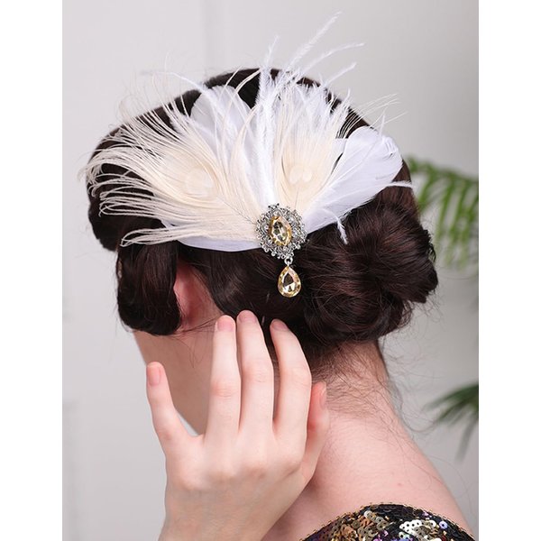 Teyglen 1920s Feather Headpiece Feather Hair Clip Pin with Crystal Feather Flapper Headband Prom Party Hair Accessories for Women (Champagne)
