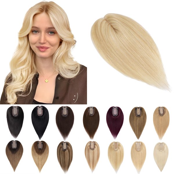 SEGO Human Hair Toppers for Women With Thinning Hair 7 * 13CM Silk Base 100% Real Human Hair Clip in Top Wiglet Hair Pieces //18 Inch No Bangs Ash Blonde&Bleach Blonde