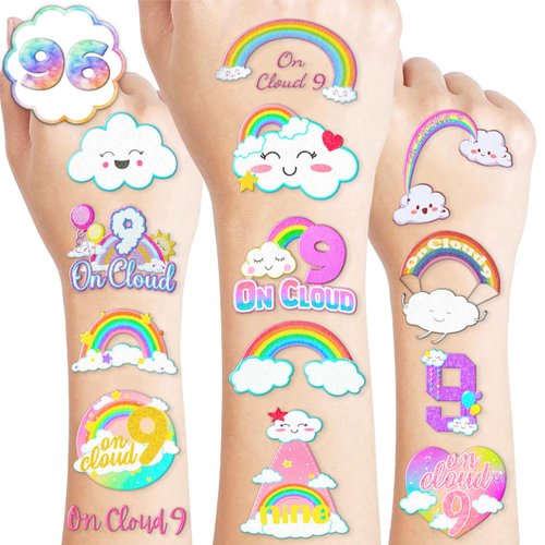 103PCS On Cloud 9 Temporary Tattoos Stickers Themed 9th Birthday Party Favors Decorations Supplies Colorful Rainbow Tattoo Sticker Gifts For Boys Girls School Prizes Carnival Christmas