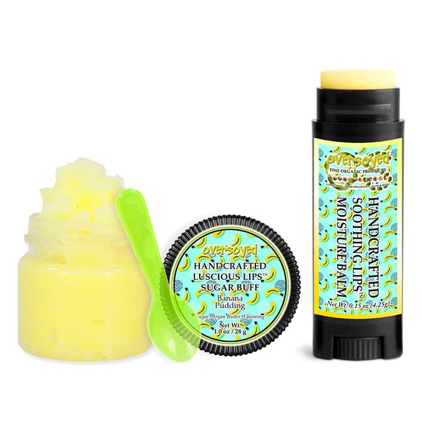 Banana Pudding Soothing & Luscious Lips by OverSoyed Exfoliator & Chapped Lip Repair Lip Care Combo | Artisan Handcrafted to Order Banana Vanilla Wafer Whipped Cream Flavored Exfoliating Sugar Lip Scrub & Lip Moisturizer Balm Gift Set