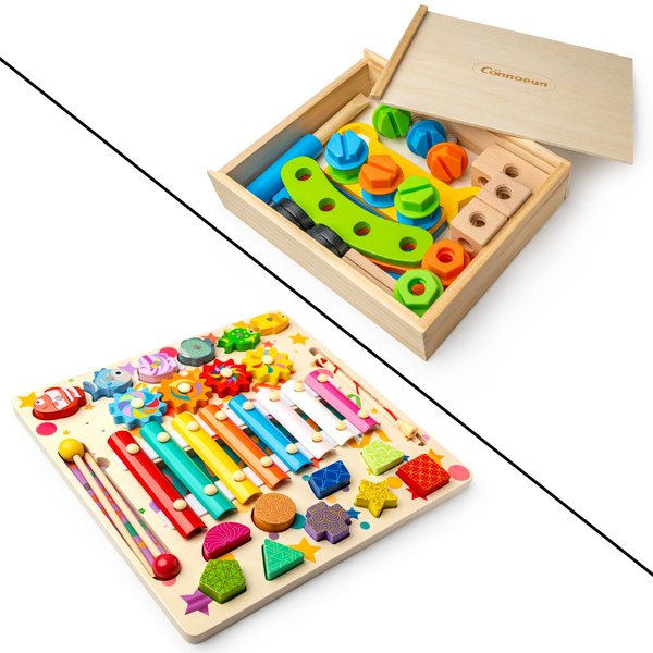 Tool Kit for Kids OR 4 in 1 Wooden Xylophone Toys, Montessori Educational STEM Preschool Toys Gifts for 3 4 5 6 7 Year Old Toddler Kids (You Will Receive one of These Two Products in Between)