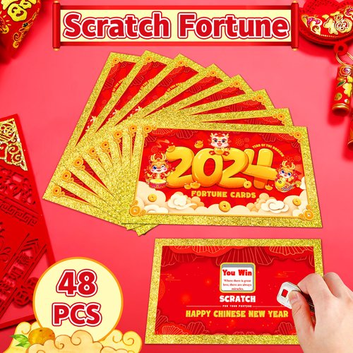 Extenuating Threads 48PCS 2024 Chinese New Year Scratch Off Fortune Cards, 2024 Year of The Dragon Party Fortune Games, Favors for Lunar Dragon New Year's Celebration Office Party Supplies