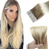Tape in Hair Extensions Human Hair 22 Inch Ombre Medium Blonde with Platinum Blonde Highlights Human Hair Extensions 50g 20pcs Tape ins Skin Weft Hair Extensions Invisible Glue in Hair Extensions