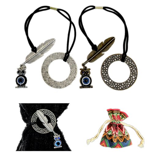 Nutty Natte 2 Pcs Alloy knotted Elastic Hair Tie with Owl Pendant for Dreadlock and thick hair Ponytail Holders Loc Hair Accessories dread tie for Women Men