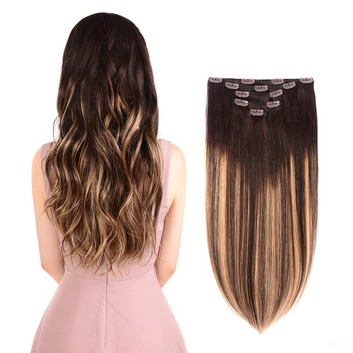 5 Pieces 12" Remy Clip in Hair Extensions Human Hair Dark Brown to Dirty Blonde Highlight Brown Ombre - Silky Straight Short Thick Real Hair Extensions for Women (12 inches, (2T18) P2, 60grams)