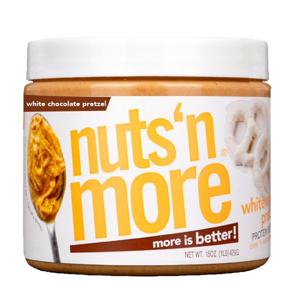 Nuts ‘N More White Chocolate Pretzel Peanut Butter Spread, Added Protein All Natural Snack, Low Carb, Low Sugar, Non-GMO, High Protein Flavored Nut Butter (15 oz Jar)