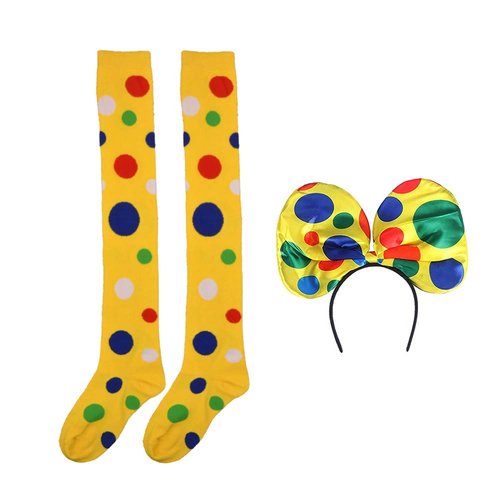Clown Socks Long Knee High Socks Colorful Vibrant Dot Rainbow Socks with Clown Headband for Girls Women Halloween Carnival Circus Stage Costume