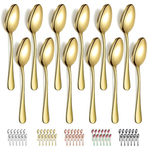 Evanda Gold Dinner Spoons 12 Pieces, Gold Titanium Plating Stainless Steel 7.28inch Spoons, Dessert Spoons, Table Spoon, Soup Spoons, Easy To Clean, Dishwasher Safe
