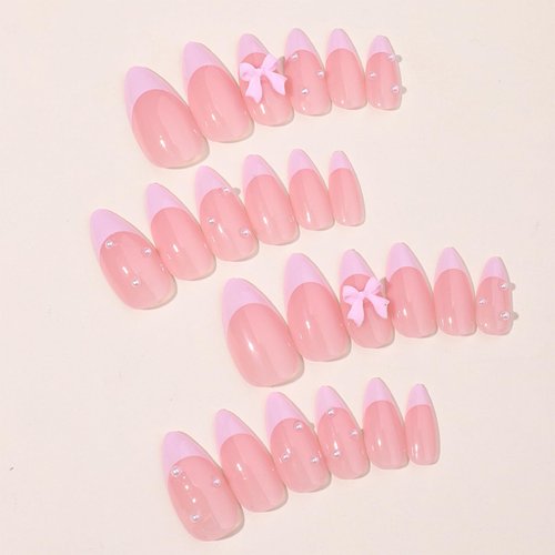 Bow Charm Designs Press on Nails Medium Cute Pink French Tip Fake Nails with White Pearl Designs Glossy Almond Shape Stick on Nails Reusable False Nails for Women Girls Manicure Nail Decor 24Pcs